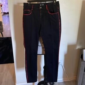 AZI Ladies Black Denim Jeans Outlined with Red Paint-Straight Leg-Stretch-Size 6